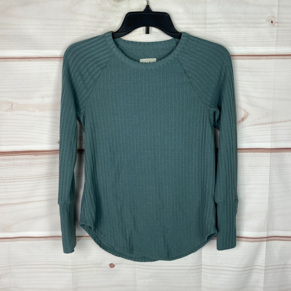 Chasor Top Womens XS Green Waffle Knit T-Shirt Crew Neck Button Sleeve Solid